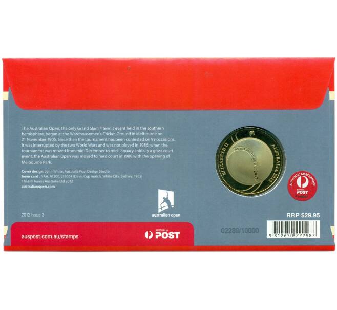Монета 5 долларов 2012 года Австралия «100 лет Мужскому чемпионату Австралии по теннису» (в конверте с маркой) (Артикул: M2-91415)