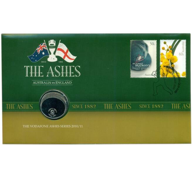 Монета 20 центов 2011 года Австралия «Турнир по крикету» (в конверте с марками) (Артикул: M2-91416)