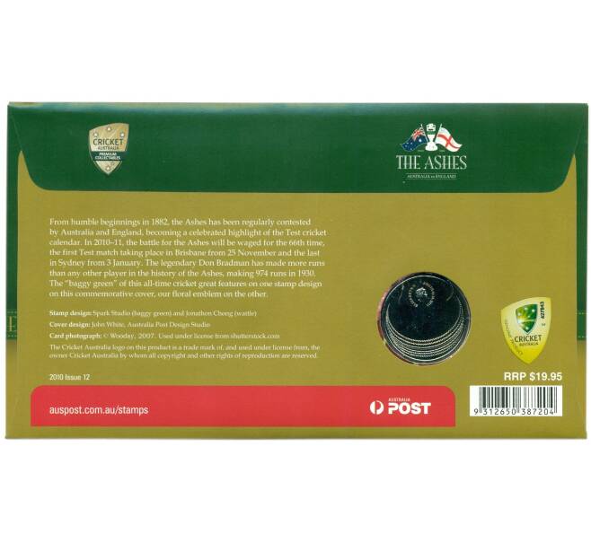 Монета 20 центов 2011 года Австралия «Турнир по крикету» (в конверте с марками) (Артикул: M2-91416)
