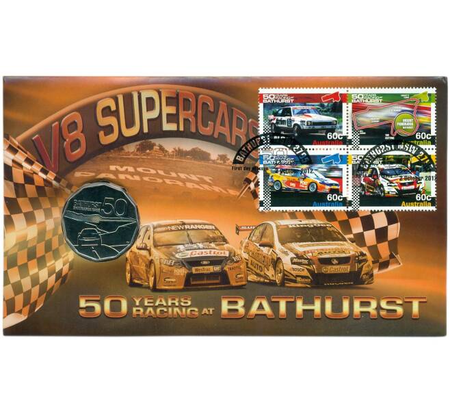 Монета 50 центов 2013 года Австралия «Гонки на выносливость в Батерсте» (в конверте с марками) (Артикул: M2-91418)
