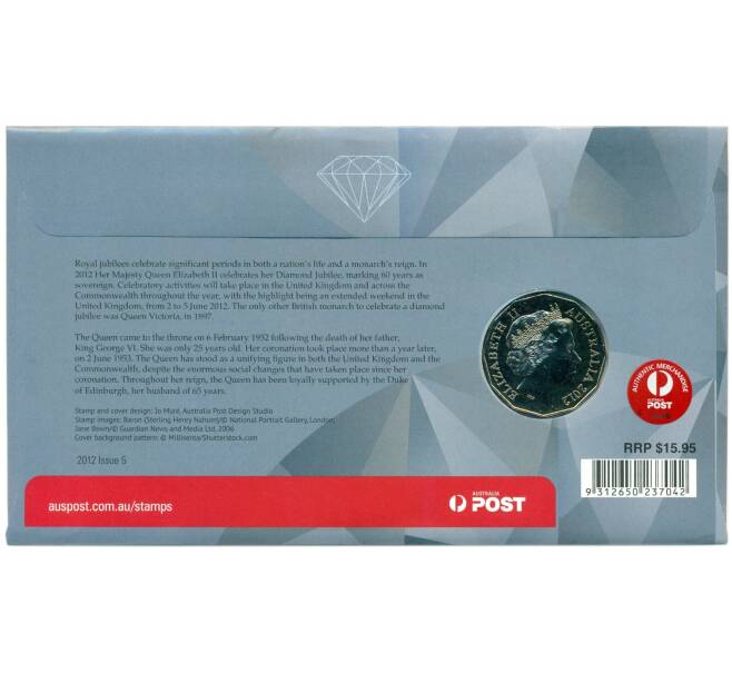 Монета 50 центов 2012 года Австралия «60 лет вступлению на престол Королевы Елизаветы II» (в конверте с марками) (Артикул: M2-91425)