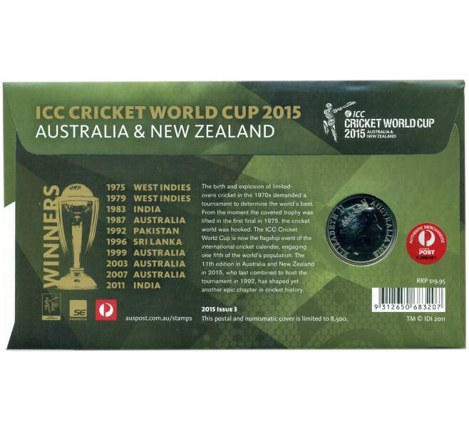 Монета 20 центов 2015 года Австралия «Чемпионат мира по крикету 2015» (в конверте с маркой) (Артикул: M2-91426)