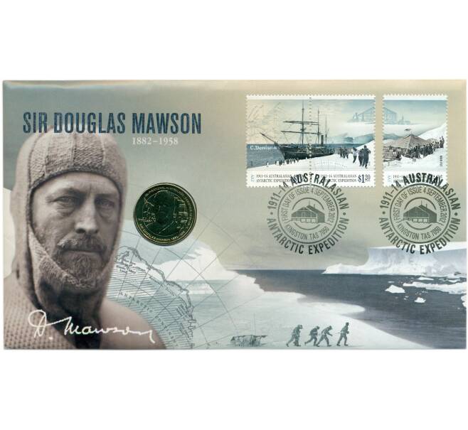 Монета 1 доллар 2012 года Австралия «Вдохновляющие австралийцы — Сэр Дуглас Моусон» (в конверте с марками) (Артикул: M2-91427)
