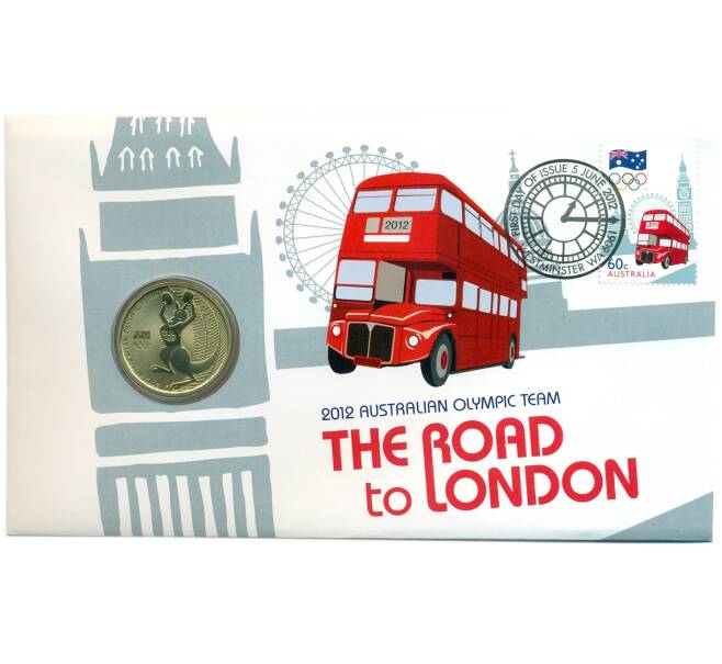 Монета 1 доллар 2012 года Австралия «Австралийская олимпийская сборная — Лондон 2012» (в конверте с маркой) (Артикул: M2-91429)
