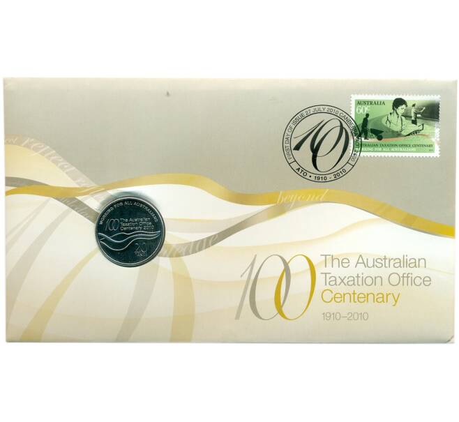 Монета 20 центов 2010 года Австралия «100 лет налоговому Управлению» (в конверте с маркой) (Артикул: M2-91430)