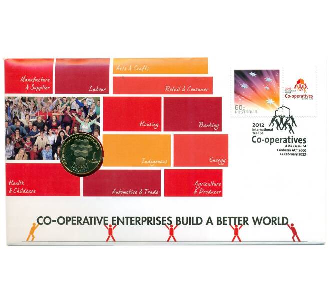 Монета 1 доллар 2012 года Австралия «Международный год кооперативов» (в конверте с маркой) (Артикул: M2-91431)