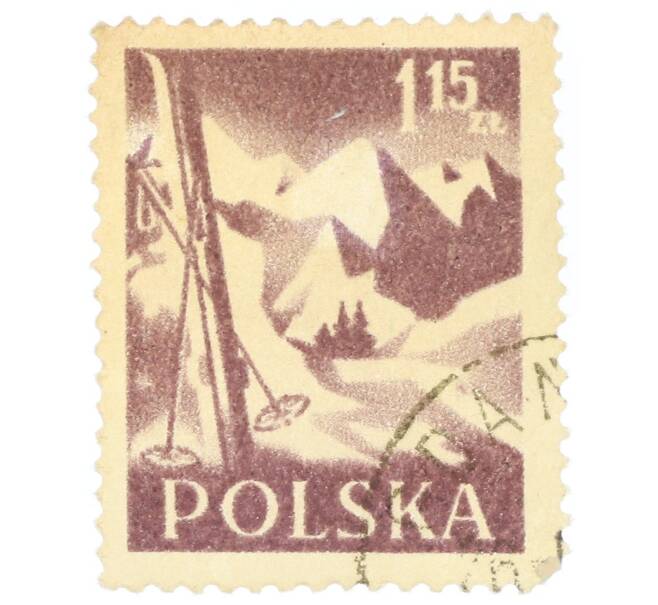 Почтовая марка 1.15 злотых 1956 года Польша «Лыжи и горы» (Артикул: P2-0907) — Фото №1
