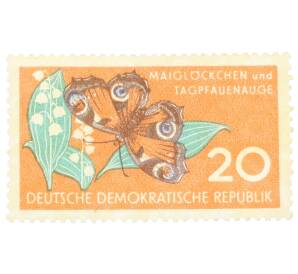 Почтовая марка 20 пфеннигов 1959 года Восточная Германия (ГДР) «Защита природы — Павлиний глаз и ландыш»