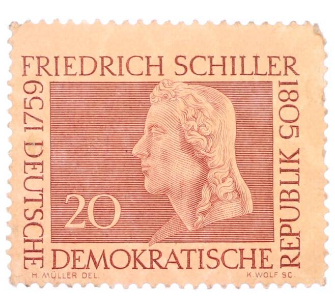 Почтовая марка 20 пфеннигов 1959 года Восточная Германия (ГДР) «Фридрих Шиллер» (Артикул: P2-0924) — Фото №1