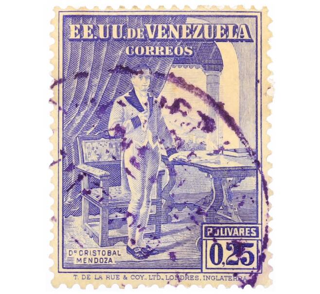 Почтовая марка 0.25 боливара 1939 года Венесуэла «Первый президент Кристобаль Мендоса» (Артикул: P2-0937) — Фото №1