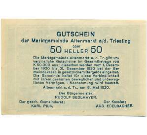 50 геллеров 1920 года Австрия — Коммуна Альтенмаркт (Нотгельд) — Фото №2