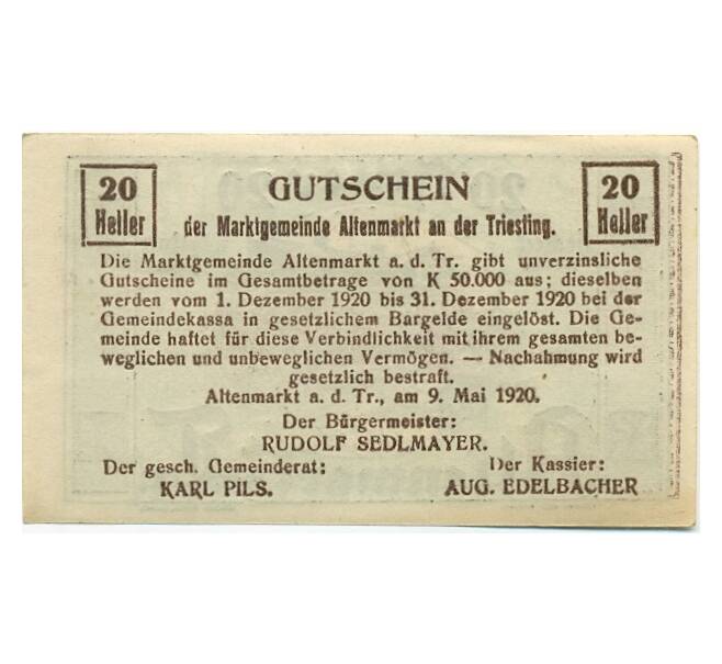 Банкнота 20 геллеров 1920 года Австрия — Коммуна Альтенмаркт (Нотгельд) (Артикул: B2-15244) — Фото №2