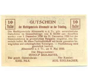 10 геллеров 1920 года Австрия — Коммуна Альтенмаркт (Нотгельд) — Фото №2