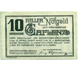 10 геллеров 1920 года Австрия — Гафленц (Нотгельд) — Фото №1