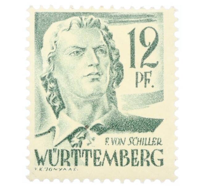 Почтовая марка 12 пфеннигов 1948 года Французская оккупация Вюртемберга «Фридрих Шиллер» (Артикул: K12-75427) — Фото №1