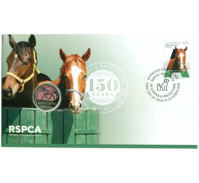 Монета 1 доллар 2021 года Австралия «150 лет Королевскому обществу по предотвращению жестокого обращения с животными» (в конверте с маркой) (Артикул: M2-91700)