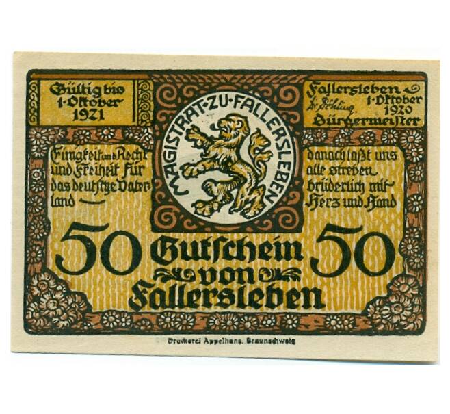 Банкнота 50 пфеннигов 1920 года Германия — Фаллерслебен (Нотгельд) (Артикул: K10-11458) — Фото №2