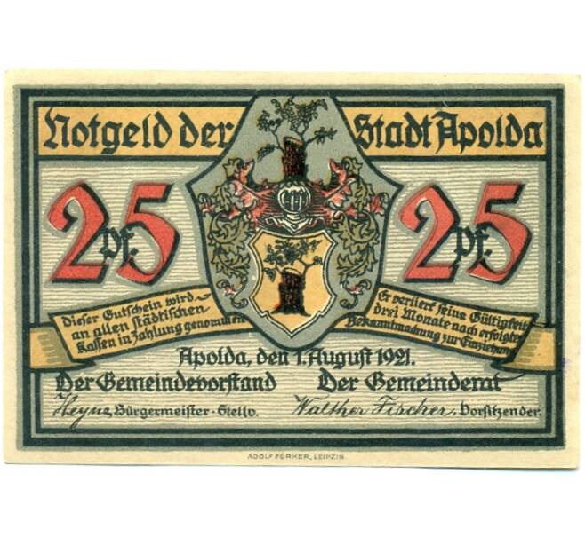Банкнота 25 пфеннигов 1921 года Германия — Апольда (Нотгельд) (Артикул: K10-11502) — Фото №1