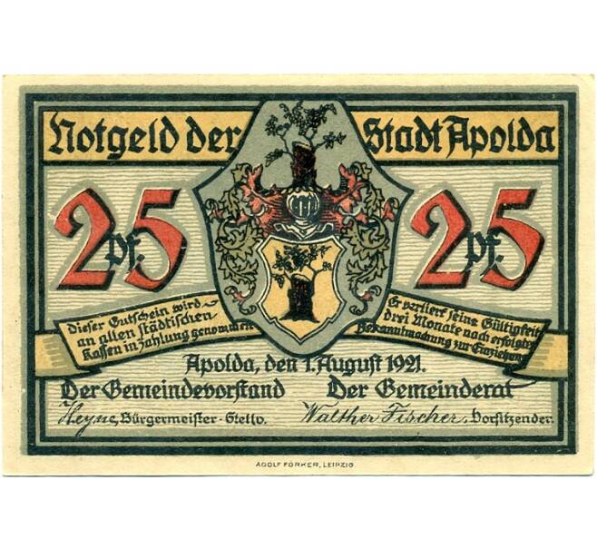 Банкнота 25 пфеннигов 1921 года Германия — Апольда (Нотгельд) (Артикул: K10-11505) — Фото №1