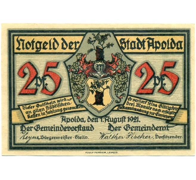 Банкнота 25 пфеннигов 1921 года Германия — Апольда (Нотгельд) (Артикул: K10-11507) — Фото №1