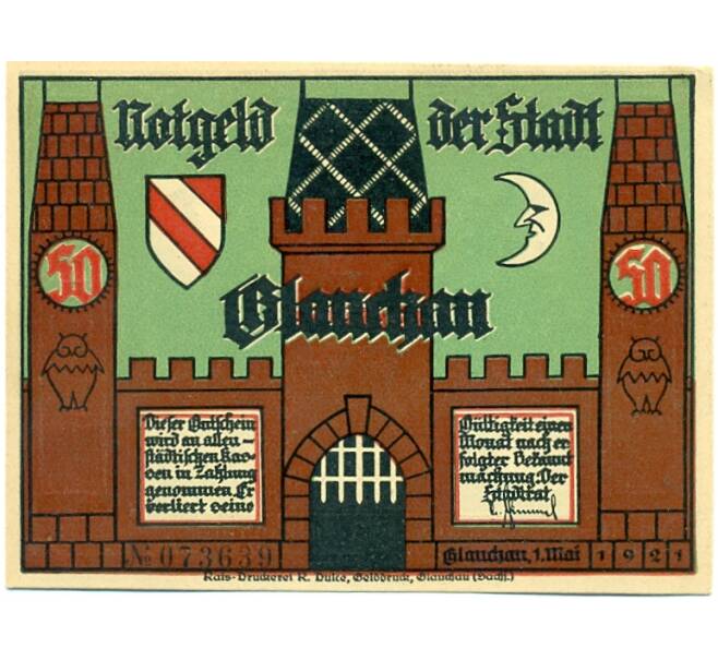 Банкнота 50 пфеннигов 1921 года Германия — Глаухау (Нотгельд) (Артикул: K10-11508) — Фото №2