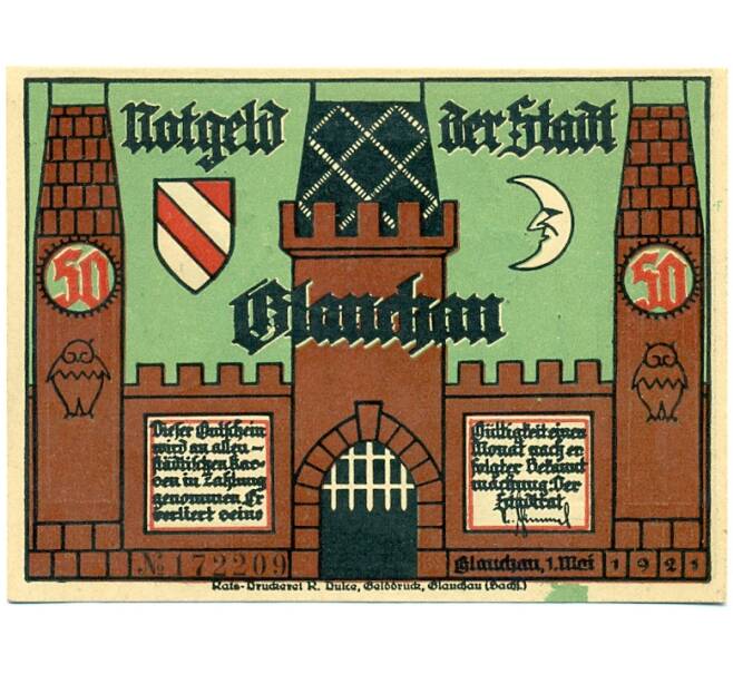 Банкнота 50 пфеннигов 1921 года Германия — Глаухау (Нотгельд) (Артикул: K10-11509) — Фото №2