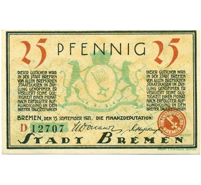 Банкнота 25 пфеннигов 1921 года Германия — Бремен (Нотгельд) (Артикул: K10-11514) — Фото №2