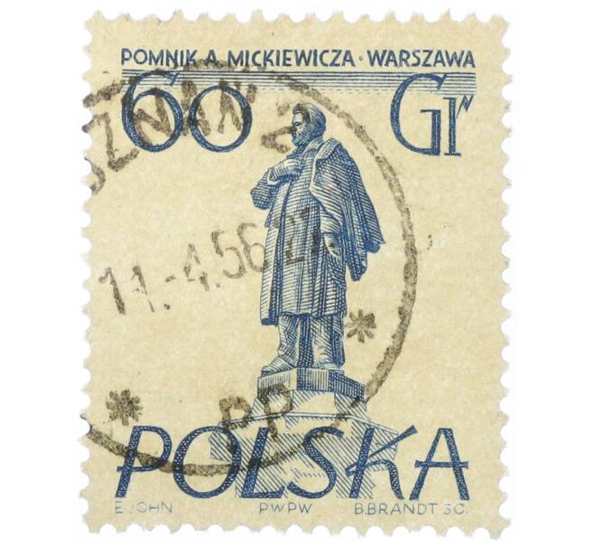 Почтовая марка 60 грошей 1955 года Польша «Памятники Варшавы — Адам Мицкевич» (Артикул: T11-34356) — Фото №1