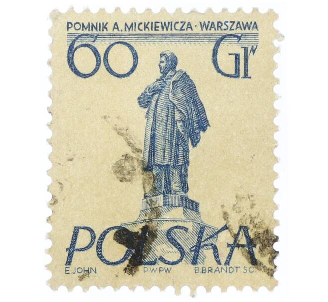 Почтовая марка 60 грошей 1955 года Польша «Памятники Варшавы — Адам Мицкевич» (Артикул: T11-34358) — Фото №1