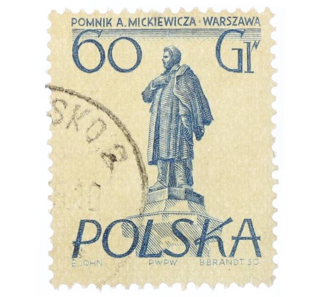 Почтовая марка 60 грошей 1955 года Польша «Памятники Варшавы — Адам Мицкевич» (Артикул: T11-34364) — Фото №1