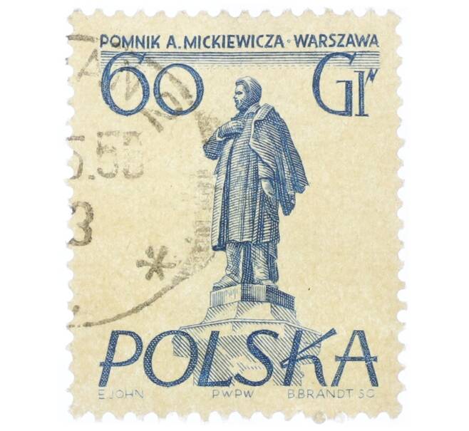 Почтовая марка 60 грошей 1955 года Польша «Памятники Варшавы — Адам Мицкевич» (Артикул: T11-34365) — Фото №1