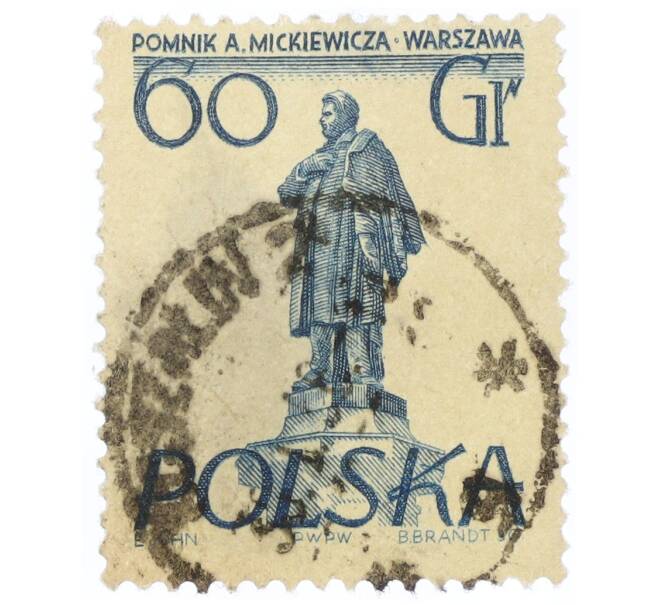 Почтовая марка 60 грошей 1955 года Польша «Памятники Варшавы — Адам Мицкевич» (Артикул: T11-34366) — Фото №1