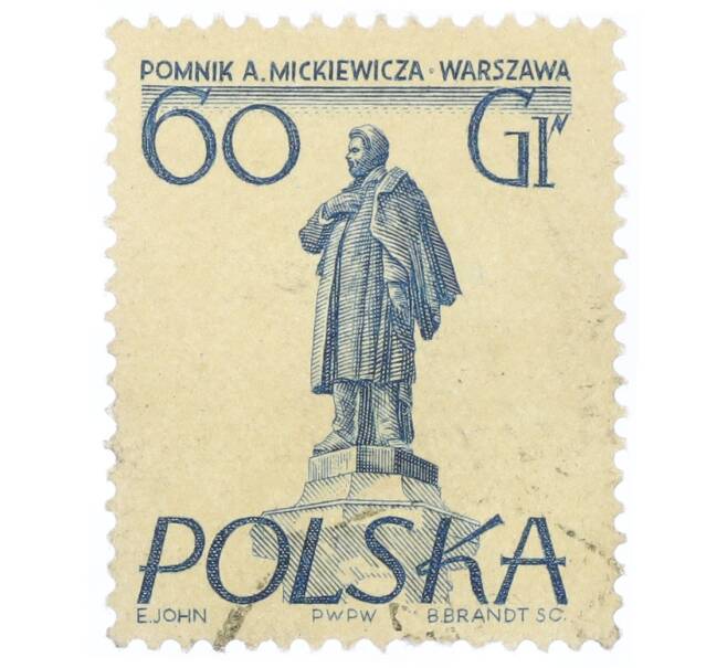 Почтовая марка 60 грошей 1955 года Польша «Памятники Варшавы — Адам Мицкевич» (Артикул: T11-34370) — Фото №1