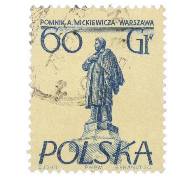 Почтовая марка 60 грошей 1955 года Польша «Памятники Варшавы — Адам Мицкевич» (Артикул: T11-34371) — Фото №1