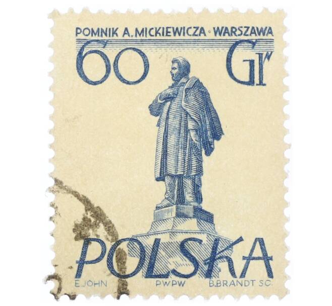 Почтовая марка 60 грошей 1955 года Польша «Памятники Варшавы — Адам Мицкевич» (Артикул: T11-34372) — Фото №1