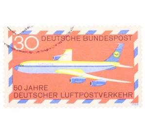 Почтовая марка 30 пфеннигов 1969 года Западная Германия (ФРГ) «50-летие немецкой авиапочты — Авиалайнер Boeing 707 авиакомпании Lufthansa»