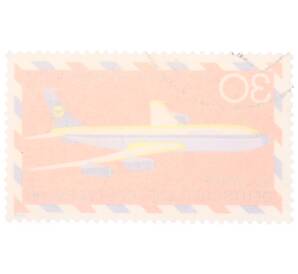 Почтовая марка 30 пфеннигов 1969 года Западная Германия (ФРГ) «50-летие немецкой авиапочты — Авиалайнер Boeing 707 авиакомпании Lufthansa»