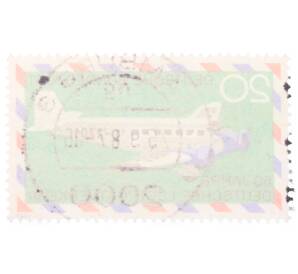 Почтовая марка 20 пфеннигов 1969 года Западная Германия (ФРГ) «50-летие немецкой авиапочты — Ju 52/3m авиакомпании Lufthansa»