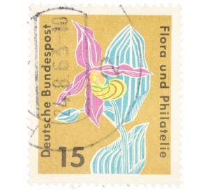Почтовая марка 15 пфеннигов 1963 года Западная Германия (ФРГ) «Выставка флоры и филателии в Гамбурге — Башмачок настоящий (Cypripedium calceolus)»