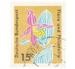 Почтовая марка 15 пфеннигов 1963 года Западная Германия (ФРГ) «Выставка флоры и филателии в Гамбурге — Башмачок настоящий (Cypripedium calceolus)»