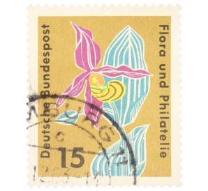 Почтовая марка 15 пфеннигов 1963 года Западная Германия (ФРГ) «Выставка флоры и филателии в Гамбурге — Башмачок настоящий (Cypripedium calceolus)»