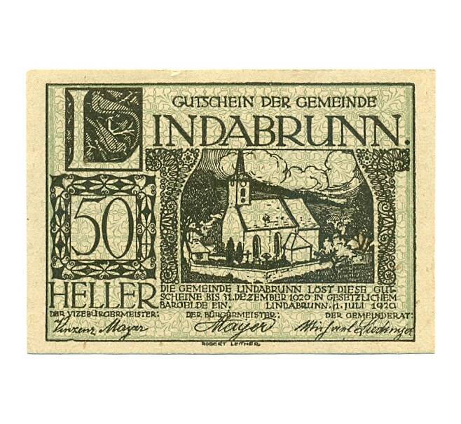Банкнота 50 геллеров 1920 года Австрия — Линдабрунн (Нотгельд) (Артикул: B2-16010) — Фото №1