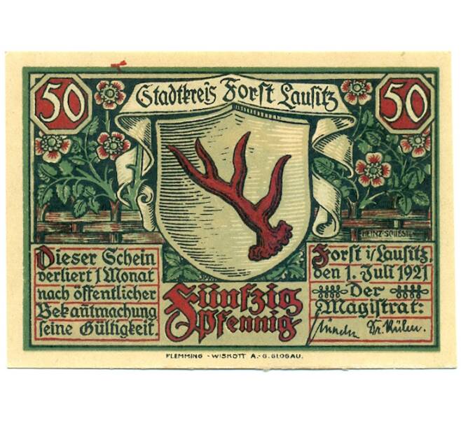 Банкнота 50 пфеннигов 1921 года Германия — Форст / Лужица (Нотгельд) (Артикул: K10-11739) — Фото №2
