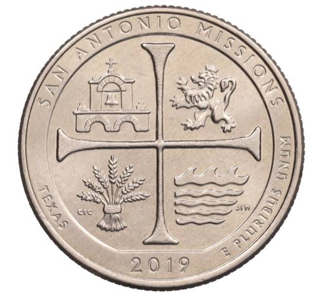 Монета 1/4 доллара (25 центов) 2019 года P США «Национальные парки — №49 Национальный Исторический Парк Миссии Сан-Антонио» (Артикул: K12-75989) — Фото №1