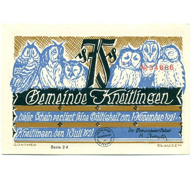 Банкнота 75 пфеннигов 1921 года Германия — Кнайтлинген (Нотгельд) (Артикул: K10-11902) — Фото №1