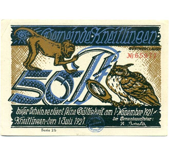 Банкнота 50 пфеннигов 1921 года Германия — Кнайтлинген (Нотгельд) (Артикул: K10-11904) — Фото №1