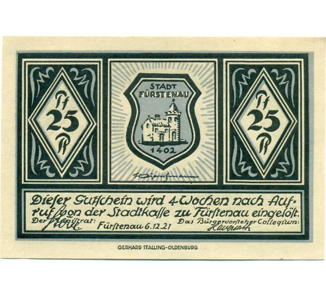 Банкнота 25 пфеннигов 1921 года Германия — Фюрстенау (Нотгельд) (Артикул: K10-11909) — Фото №2