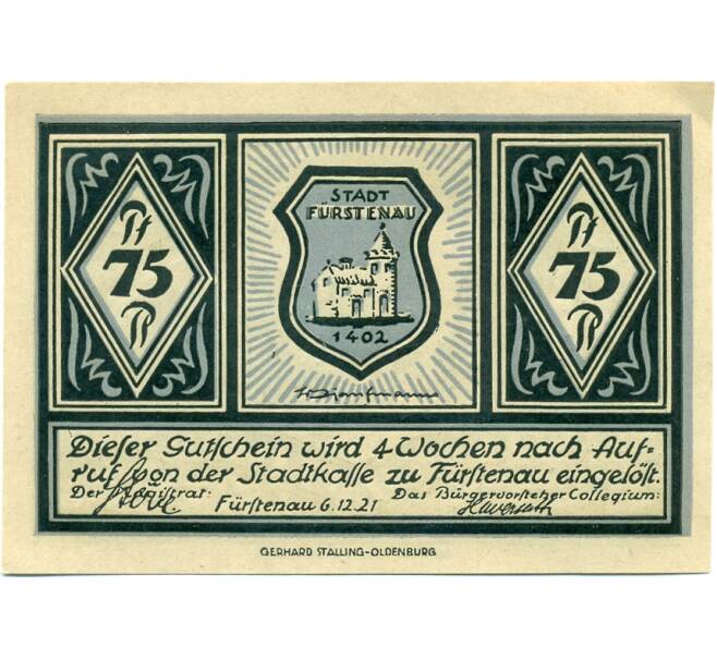 Банкнота 75 пфеннигов 1921 года Германия — Фюрстенау (Нотгельд) (Артикул: K10-11911) — Фото №2