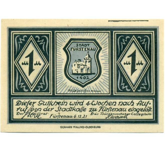 Банкнота 1 марка 1921 года Германия — Фюрстенау (Нотгельд) (Артикул: K10-11912) — Фото №2
