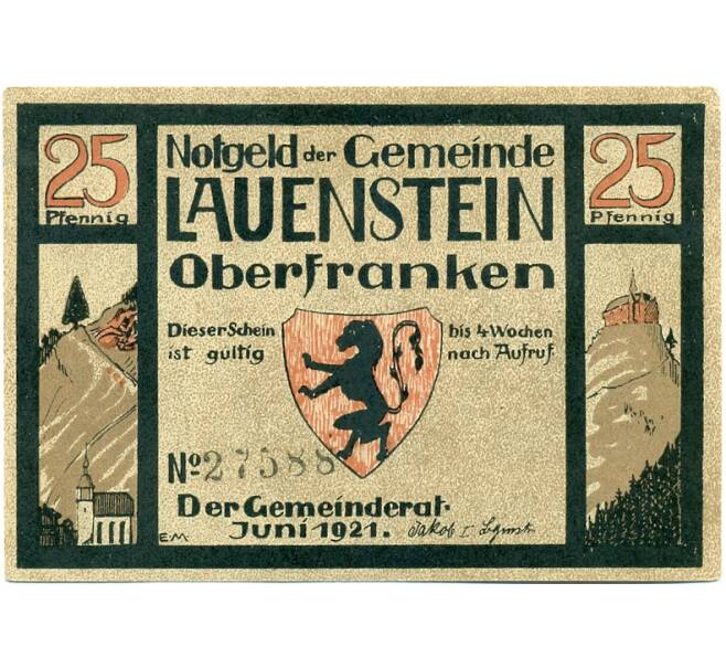 Банкнота 25 пфеннигов 1921 года Германия — Лауэнштайне (Нотгельд) (Артикул: K10-11931) — Фото №2